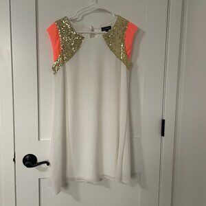 White Sequin Hearts dress with gold sequins and coral show stopping details, med